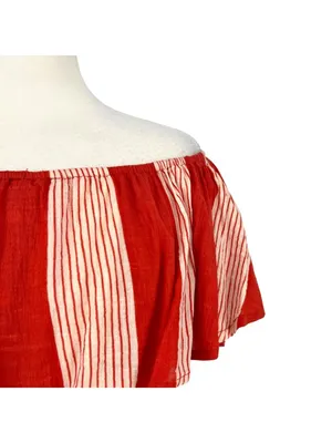 Faithfull The Brand Amalfi off-Shoulder Rust Red Striped Mini Dress Size Small thumbnail 3