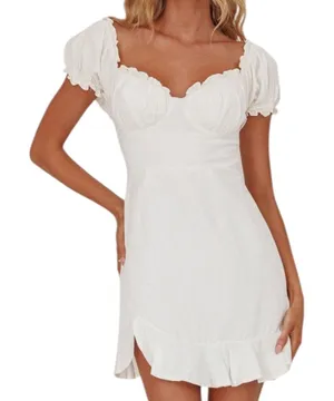 Selfie Leslie Milkmaid Ruched Bust Puff‎ Sleeve Mini Dress White Size Small thumbnail 1