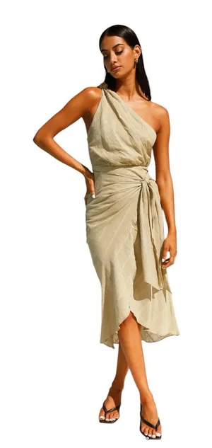 Hello Molly - NWT Golden Vibes Olive One Shoulder Midi Summer Dress SZ S thumbnail 1