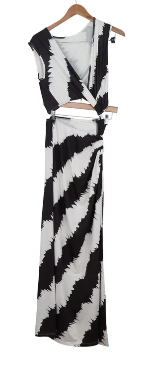 Black White Jagged Stripe 2 Piece Maxi Dress Set Sleeveless Wrap Top Small thumbnail 1