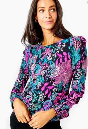 Lilly Pulitzer Onyx Twilight Coral Jansen Terry Top HTF Sweatshirt XL Vibrant thumbnail 1