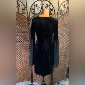 Vintage New York & Company Black Velvet Dress with Sheer Wizards Sleeves Size M thumbnail 4