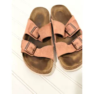 Birkenstock Arizona Suede Leather Sandals Pink Clay Two Strap Slides Womens 40 thumbnail 2