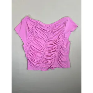 Open Edit Pink Ruched Short Sleeves Scoop Neck Stretchy Top Assymetrical Size L thumbnail 3
