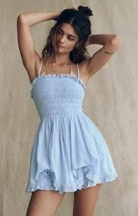 Free People Light Blue Smocked Ruffle Mini Dress Size Small thumbnail 1