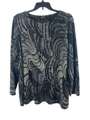 Maggie Barnes 3X Black Sheer Mesh Lace Top Abstract Print Plus Size Office thumbnail 1