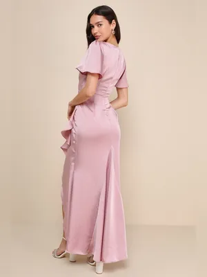 Lulus Eternal Bond Blush Satin Ruffled Flutter Sleeve Maxi Dress Size Small thumbnail 3