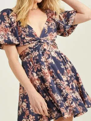 Altar'd State Annmarie Navy/Brown Floral Cutout Dress thumbnail 10