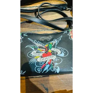 ED HARDY Y2K Black Red True Til Death Faux Leather Roses Shoulder Bag Purse thumbnail 7