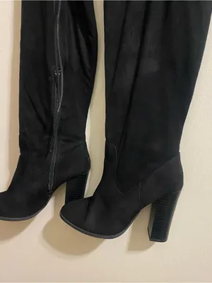 X2B Womens Size 6.5 6 1/2 Black Faux Suede 25” Tall Boots 3.75” Chunky Heel Ties thumbnail 4