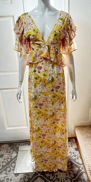 Vici Yellow Ruffle Sheer Maxi Chiffon Floral Maxi Dress Size Large J-51 thumbnail 1