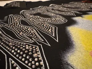Mixed Emotion black graphic tee with rhinestones featuring three children with wings and guitars, size S thumbnail 2