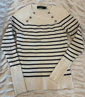 Ralph Lauren Cream Textured Sweater with Blue Stripes Size XS thumbnail 1