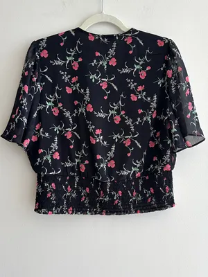 Haver London Smocked Waist Floral Flowy Blouse, Black/Pink, Size Large thumbnail 13