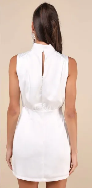 Lulus Classic Elegance White Satin Sleeveless Mock Neck Mini Dress Size large thumbnail 1