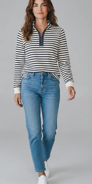 L.L. Bean Navy and White Striped Half-Zip Pullover thumbnail 1