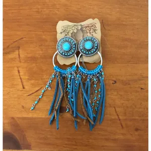 Justin Boots Turquoise Concho Fringe Earrings Western Cowgirl Boho Statement NWT thumbnail 2