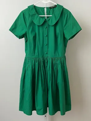 eShakti Cotton Quirky Academia Dainty Peter Pan Collar Fit Flare Dress 10 Green thumbnail 1