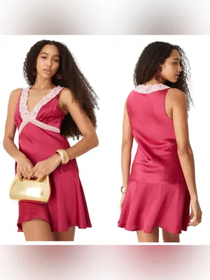 ASOS Design Satin Flippy Mini Dress Pink Lace Trim Sleeveless Women’s Size 6 thumbnail 2