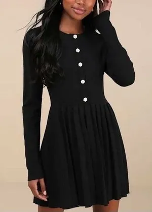 Lulus Black Ribbed Knit Button Front Pleated Skirt‎ Dress Size M thumbnail 1