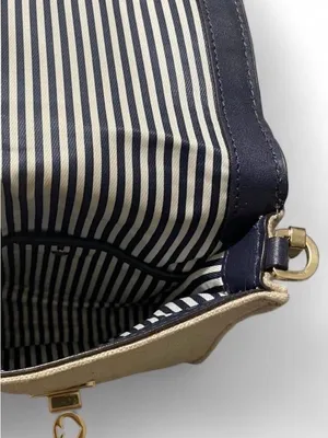 Kate‎ Spade Dark Navy Beige Fabric Crossbody Bag Gold Chain thumbnail 4