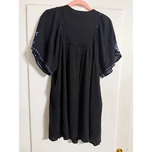 Blue Rain Black Embroidered Boho Mini Dress‎ Floral Tassel Tie Flutter Sleeve S thumbnail 6