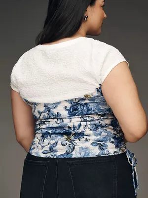 Anthropologie White Tee with Blue Floral Corset Detail thumbnail 7