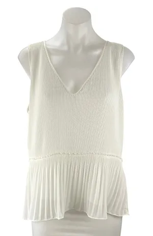 Zara Women's White Sleeveless Tie Plisse V Neck Peplum Tank Blouse Top Size M thumbnail 1