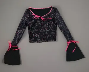 90s/00s Black Floral Fairycore Top w/ Pink Ribbon Ties‎ Sz xs thumbnail 1