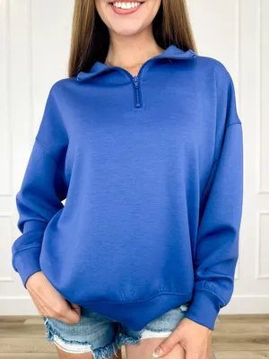 Zenana Basic So Be it Long Sleeve Quarter Zip Pullover Sweatshirt in blue S thumbnail 1