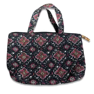 Quilted Cotton Mini Tote Bag Black Red Medallion Zip Top Boho Travel Purse thumbnail 1