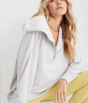 aerie L Down To Earth Quarter Zip Sweatshirt Overisized Gray Relaxed Fit Cozy thumbnail 1