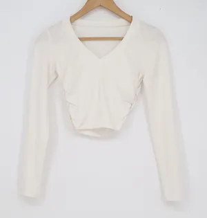 SHEIN Womens Off White V-Neck Ruched Long Sleeve Crop Top Size XS thumbnail 1