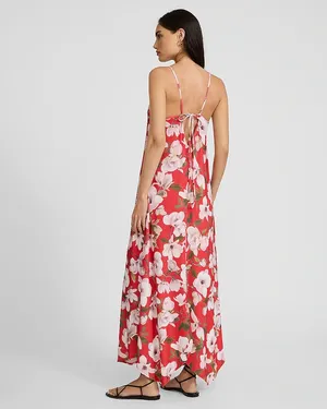 NEW WITH TAG EXPRESS Summer Floral Tie Back Asymmetrical Hem Maxi Red Dress thumbnail 2