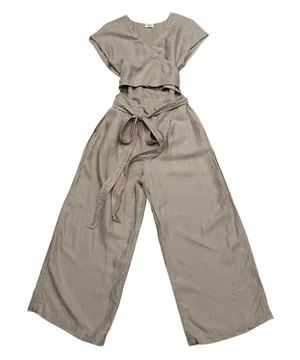 Aritzia Wilfred Brax Jumpsuit Beige Size 8 Linen Blend Wide Legs Wrap Front Tie Waist thumbnail 1
