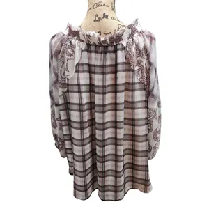 LOFT Plaid Peasant Blouse Ruffled Collar Paisley‎ Sleeves Women's Top thumbnail 2