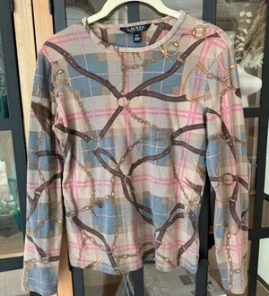 Ralph Lauren equestrian plaid long sleeve top chains hardware preppy stretch thumbnail 1