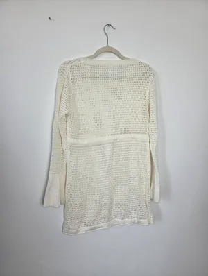 Ivory Cream Loose Knit Swim Cover Up Long Sleeve Sheer Cottagecore Beach Boho L thumbnail 11