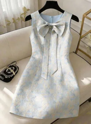 Sleeveless Light Blue Bow Jacquard Dress Size XL thumbnail 1