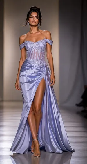 Lavender Lace Corset Formal Gown Off Shoulder Satin Dress thumbnail 1