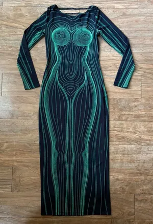 Long Sleeve Black Dress with Green Contour Print thumbnail 1