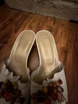 Stuart Weitzman White Linen Beaded Kitten Heel Slide Sandals thumbnail 2