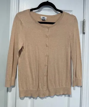 Old Navy Size S Tan Khaki Lightweight Cotton Crew Neck Button Cardigan Sweater thumbnail 1