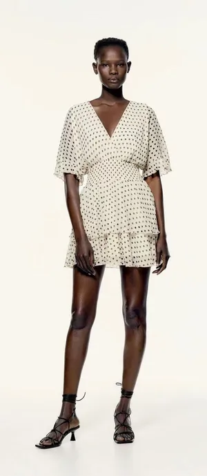 Zara Off White Polka Dot V-neck Wrap Ruffle Layered Smocked Tiered Mini Dress L thumbnail 1