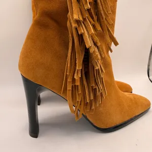 Predictions Leather Collection Tan Suede Fringe Square Pointed Toe Boots Size 7 thumbnail 2