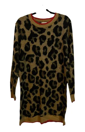 Lily White Women's Sweater Dress Tan Black Leopard Print Red Trim - Size Large thumbnail 1