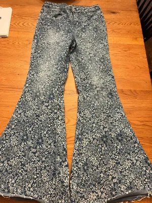 Altar'd State Blue and White Floral Flare Jeans thumbnail 1