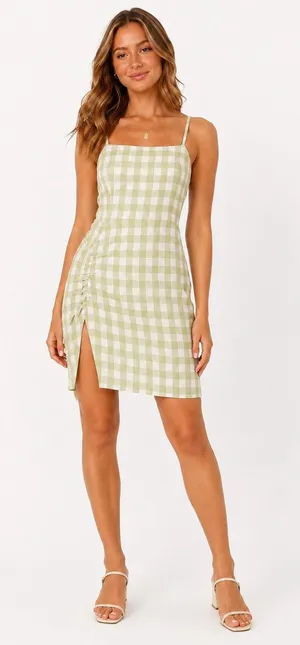 Weekend Los Angeles Green Gingham Linen Blend Ruched Side Slit Mini Dress M NWT thumbnail 1
