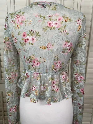 Lulu's Mint Floral Lace Peplum mesh Blouse with Pink Accents thumbnail 8