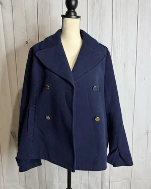 Crown & Ivy Double Breasted Navy Blue Pea Coat Pockets Women’s Sz M thumbnail 1